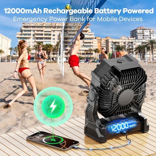 Misting Fan Portable with RGB Lantern, 12000 mAh Rechargeable Camping Mist Fan with Emergency Battery Power Bank Hurricane Supplies, Perfect Cooling Mister for Outdoor Travel