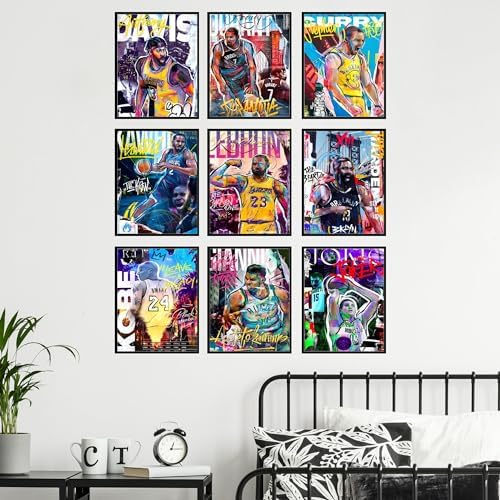 Bigwig Prints Basketball Posters for Boys Bedroom - Basketball Room Decor, Nba Posters, Steph Curry, Kobe Bryant Wall Art, Kevin Durant, Lebron James, Sports Art For Bedroom - Unframed Set of 9 (8x10)