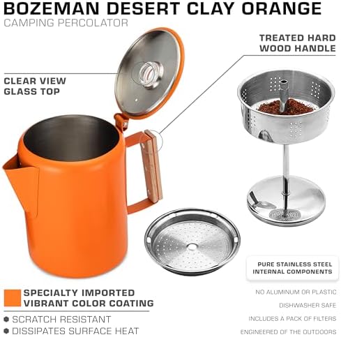 COLETTI Bozeman Camping Coffee Pot — Camping Coffee Makers, Coffee Percolator – America's Sleekest Percolator – NO Aluminum or Plastic (Orange)