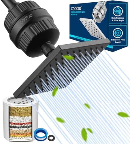 Cobbe High Pressure Filtered Shower Head Combo, Rain Shower Head with 20 Stage Shower Head Filter for Hard Water - Adjustable Replacement Remove Chlorine and Harmful Substances, Matte Black