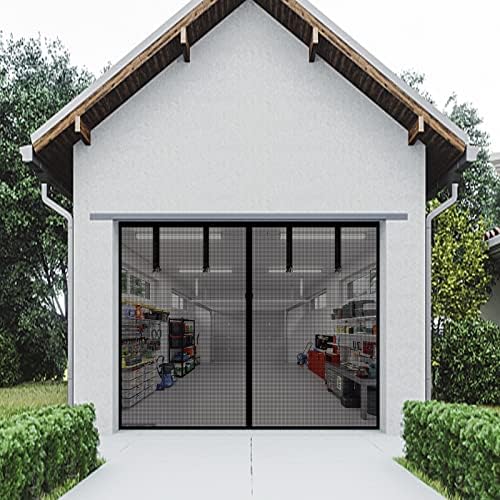 Magnetic Garage Screen Door for 1 Car Garage Doors 9x7FT- Reinforced Self Sealing Fiberglass Mesh Door with 4 Strapping Tapes, High Energy Magnets,Hands Free Door Screen with Closure Weighted Bottom