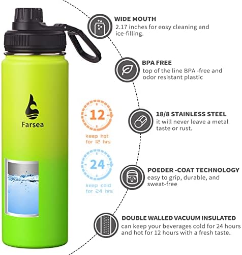 Farsea Insulated Water Bottle With Paracord Handle, Protective Silicone Boot and 2 Lids (Straw Lid & Spout Lid), Stainless Steel Water Bottle Wide Mouth, Double Wall Sweat-Proof BPA-Free, 24 oz