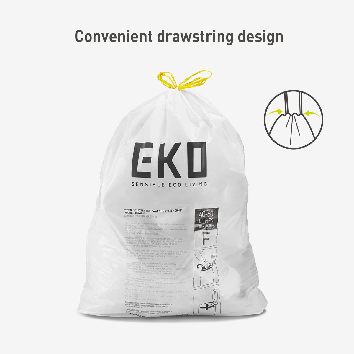 EKO 13 Gallon / 40-60 Liter Drawstring Trash Bags, Extra-Strong Unscented Garbage Bags, 60 Count Easy-Dispense Roll for Kitchen & Household Use, Leak-Resistant, Code F, White