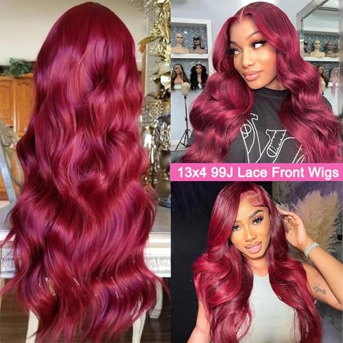 30 Inch 99j Burgundy Lace Front Wigs Human Hair 13x4 HD Transparent Wine Red Burgundy Body Wave Human Hair Lace Front Wigs for Women 180 Density Pre Plcked Human Hair Lace Frontal Wig with Baby Hair