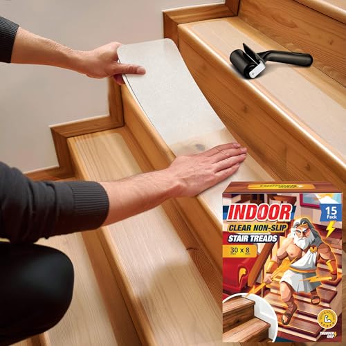 Clear Stair Treads Non-Slip 30"x8" - 15-Pack Indoor Stair Grips Non Slip for Wooden Steps - Anti Slip Adhesive Strips for Dogs & Elderly - Staircase Step Treads - Transparent Treads for Wood Stairs