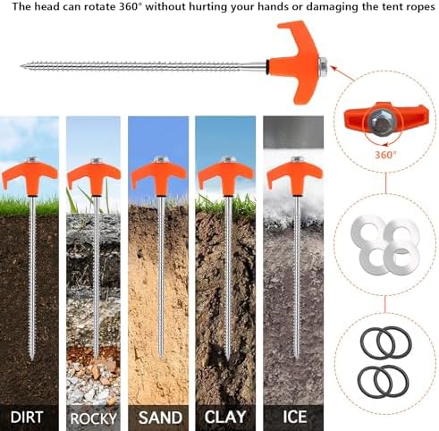 8" Tent Stakes Heavy Duty 12 Pack, Screw in Tent Stakes, Metal Threaded Camping Stakes, Ground Anchors for Canopies, Gardening and Inflatable Decor, with Hex Socket, Stake Puller and Storage Box