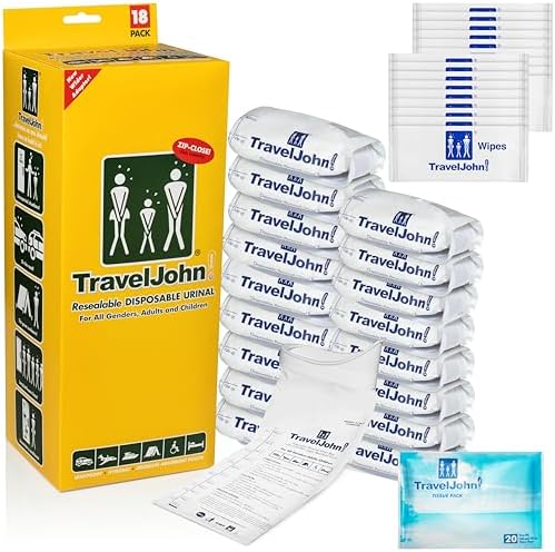 Resealable Disposable Urinal for All Genders, Adults, and Children (18 Pack) Designed for Emergencies, Travel, Camping, Long Car Rides and More - 28oz/800ml Capacity (TJ1N-C)