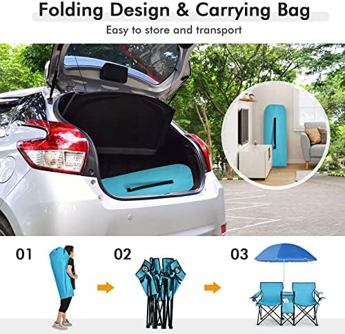 COSTWAY Double Portable Picnic Chairs, Folding Camping Chairs w/Detachable Umbrella, Cooler Bag, Cup Holders, Patio Beach Camping Chairs for Outdoors