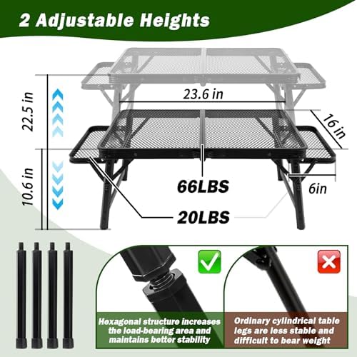 Grill Table Camping Table with 2 Wing Panels, Mesh Metal Folding Grill Table Height Adjustable & Lightweight & Portable Table for Outdoor Indoor Picnic, Camping, Beach and BBQ, RV