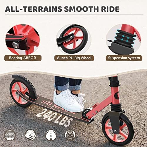 Kick Scooter for Ages 6+,Kid, Teens & Adults. Max Load 240 LBS. Foldable, Lightweight, 8IN Big Wheels for Kids, Teen and Adults, 4 Adjustable Levels. Bearing ABEC9