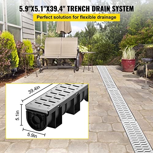 VEVOR Trench Drain System, Channel Drain with Metal Grate, 5.9x5.1-Inch HDPE Drainage for Garage Floors, Black Plastic Trench with End Caps, 3x39 Grate - 3 Pack