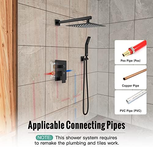 SR SUN RISE Black Square Rainfall Shower Head and Handle Set, Wall Mounted Shower Fixtures, Metal Shower Faucet Trim Repair Kits (With Shower Valve)