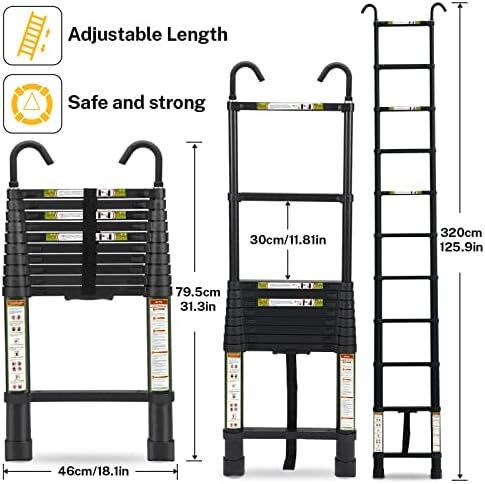 Telescopic Ladder, 10.5FT RIKADE Aluminum Telescoping Ladder with Non-Slip Feet and Stable Hook, Portable Extension Ladder for Household and Outdoor Working, 330lb Capacity Black