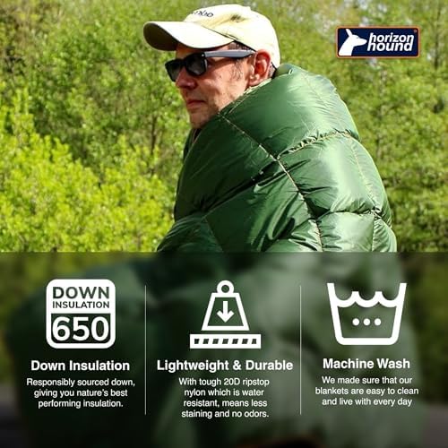 Horizon Hound Down Camping Blanket - Outdoor Travel Quilt | Sustainable, Insulated, Lightweight & Warm Gear for Sleep, Camping, Stadium, Hiking & Festivals | Water Resistant, Packable & Compact