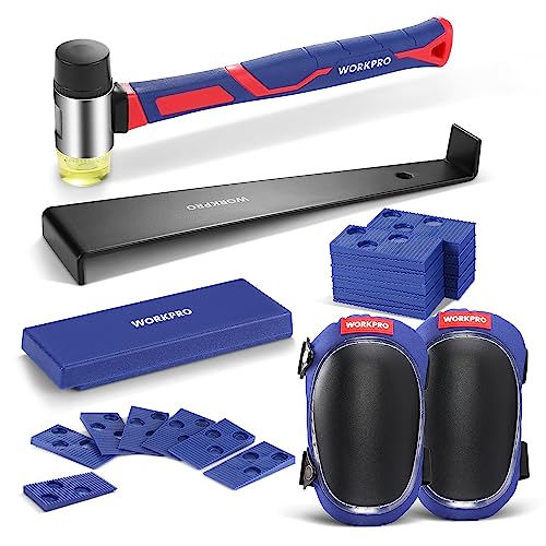 WORKPRO Laminate Flooring Installation Kit - Rubber Mallet with Fiberglass Handle, Knee Pads, Heavy Duty Pull Bar, Solid Tapping Block and Spacers - Premium Wood Flooring Installation Tool