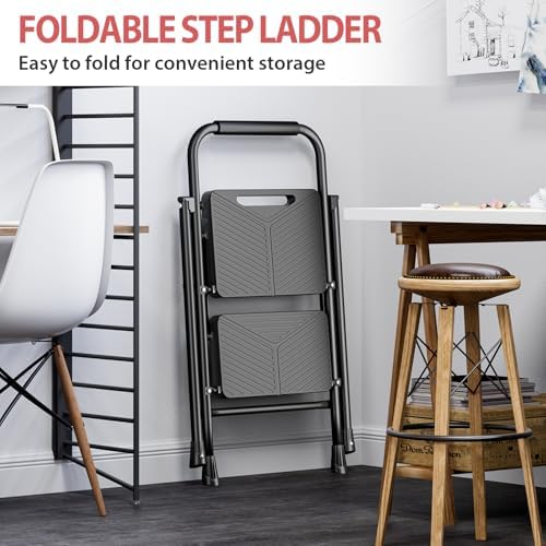 KINGRACK 2 Step Ladder, Folding Step Stool with Safe-Lock Design, 500 lbs Sturdy Steel Ladder with Wide Anti-Slip Pedal, Convenient Handrail for Household and Kitchen, Black