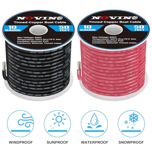 10 Gauge Marine Wire Include 10 AWG 50FT Red & 50FT Black,10 Gauge Marine Grade Wire Tinned Copper Electrical Cable for Automotive Boat Speakers Battery Lighting Solar Panel Camper Trailer