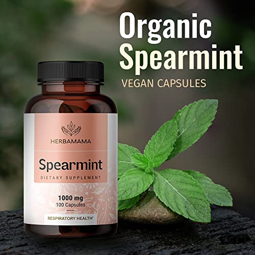 Spearmint 100 Capsules - 1000 mg - Organic Mentha Spicata Dietary Daily Supplement - Natural Support for Digestive & Respiratory Function - for Stress Relief - Vegan, Non-GMO
