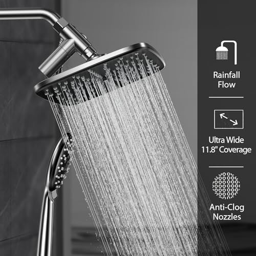 Veken 11.8 Rectangle Inch Rain Shower Head - Shower Heads with 6 Modes Handheld Spray Combo - Wide Rainfall shower with 70" Hose - 1.8gpm Dual Showerhead with Anti-Clog Nozzles - Chrome