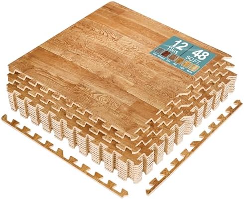 Sorbus 48Sq. Ft. Wood Grain Floor Tiles Foam Mat EVA Interlocking Mats Tile 3/8-Inch Thick Flooring Wood Puzzle Exercise Mats w/Borders - Home Playroom Basement, Apartment, Trade Show, Baby, Dance