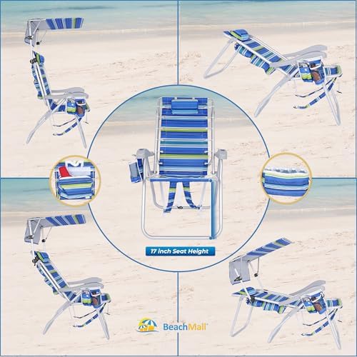 Ultimate Heavy Duty High Seat Aluminum Folding Backpack Beach Chair for Adults | Lay Flat, 5 Reclining Positions | Removable Insulated Cooler Pouch & Canopy for UV Protection