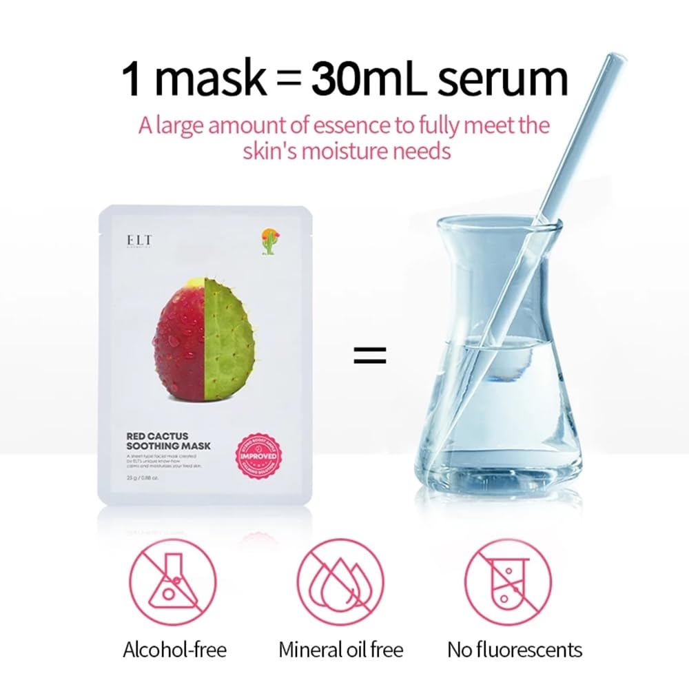 ELT Red Cactus Extract (5,000 ppm) (25 g / 0.88 oz) 10 EA Korean Face Masks, Brightening Mask, Anti-Aging Wrinkle Fighting, Deep Collagen Mask, Korean Skin care