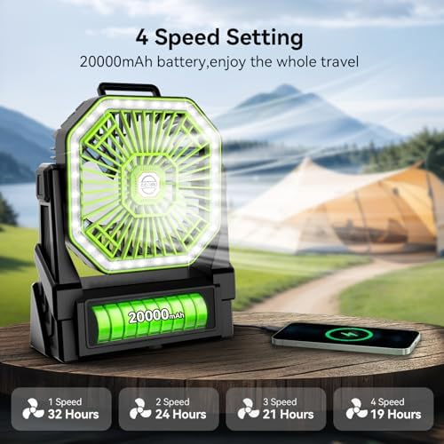 Portable Battery Powered Fan with 4 Lights, 20000mAh Battery Operated Fans with Remote, Outdoor Camping Fan Rechargeable, 4 Speed, 4 Timer for Picnic, Barbecue, Fishing, Home