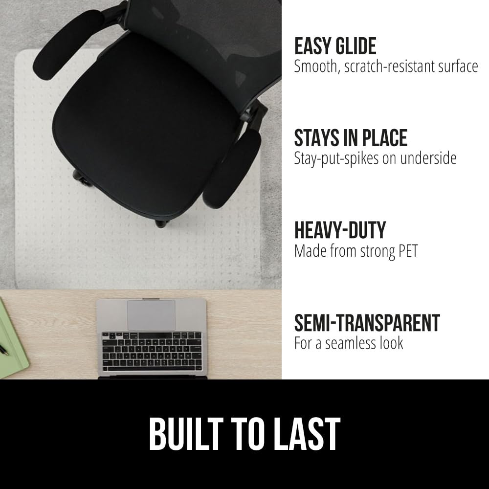 GORILLA GRIP Slip Resistant Office Chair Mat for Carpet Floors, Smooth Glide Under Desk Carpeted Floor Protector, Heavy Duty Plastic Computer Mats, Rolling Work and Gaming Chairs, 32.5x48 Lip, Clear
