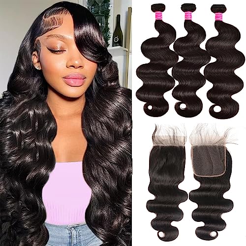Body Wave Bundles with Closure Human Hair (16 18 20 +14) Brazilian Human Hair 3 Bundle with 4x4 HD Lace Closure Free Part 10A Grade 100% Unprocessed Virgin Hair Body Wave Bundles Natural Color
