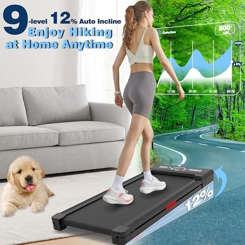 Walking Pad Treadmill with 12% 9-Level Auto Incline, 450 lbs Capacity and RGB LED Screen Under Desk Treadmill with Hiking Mode, Compact Treadmills for Home Small/Office