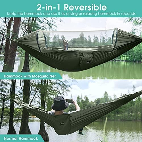 G4Free Large Camping Hammock with Mosquito Net 2 Person Pop-up Parachute Lightweight Hanging Hammocks Tree Straps Swing Bed for Outdoor Backpacking Backyard Hiking