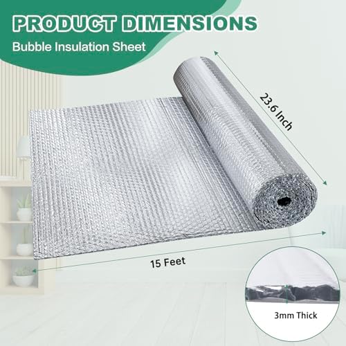 Reflective Bubble Insulation Sheet, Double Side Aluminum Foil Bubble Shield, Aluminum Foil Thermal Insulation Radiant Barrier for Windows, RV, Roof, Garage Door (23.6IN X 15FT)