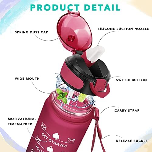 Enerbone 32 oz Drinking Water Bottle with Times to Drink and Straw, Motivational with Carrying Strap, Leakproof BPA & Toxic Free, Ensure You Drink Enough Water for Fitness Gym Outdoor