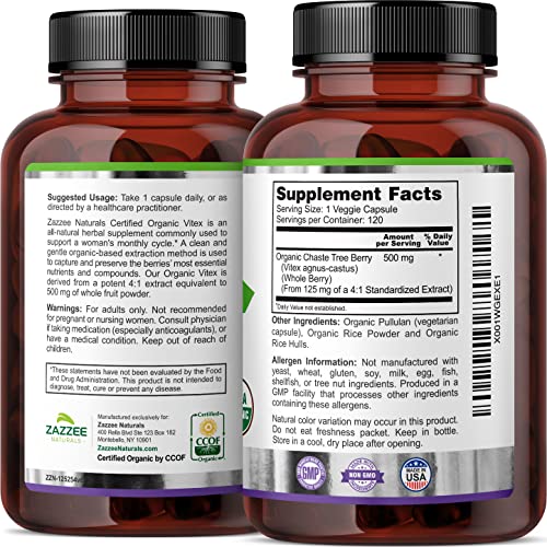 Zazzee USDA Organic Vitex, 500 mg Strength, 120 Vegan Capsules, 4 Month Supply, Standardized and Concentrated 4X Extract, Whole USDA Certified Organic Chaste Berry, All-Natural and Non-GMO