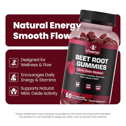 VITAMIZED Beet Root Gummies - Super Nitric Oxide Beets Supplement - Red Beetroot Heart Chews with Grape Seed Power & B12- Pomegranate Flavor, 60 Chewables Beets