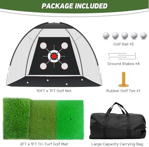Golf Net with Practice Mat,Golf Hitting Aid Nets 10x7FT for Backyard Driving Chipping Training Swing with Target Mat Balls for Outdoor Indoor,Gifts for Men Dad Him and Golfer