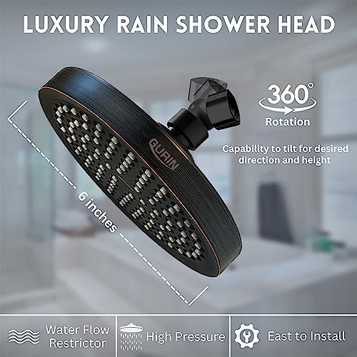 GURIN Shower Head High Pressure Rain, Luxury Bathroom Showerhead with Adjustable Angles, Anti-Clogging Silicone Nozzles - Oil Rubbed Bronze, 6 Inch Round