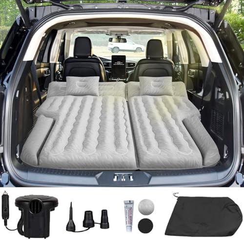 Umbrauto SUV Camping Air Mattress| Flocked Car Sleeping Bed with Reinforced Bottom| Back Trunk Inflatable Airbed for Vans| Includes Electric Pump, Pillows, Repair Patch & Carry Bag