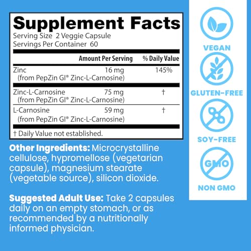 Doctor's Best PepZin GI, Zinc-L-Carnosine Complex, Non-GMO, Vegan, Gluten Free, Soy Free, Digestive Support, 120 Veggie Caps