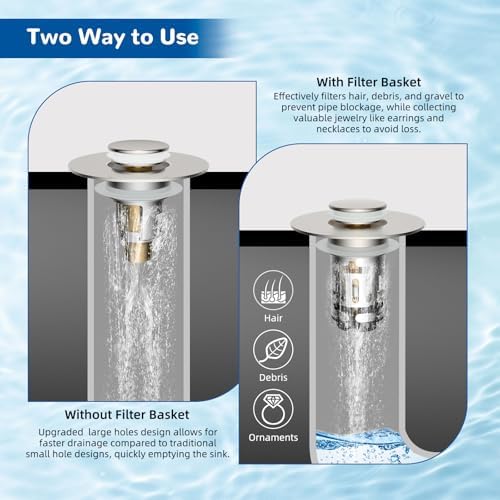 Hibbent 2 Pack Upgraded 3 in 1 Bathroom Sink Drain Strainer, Universal Pop Up Stopper with Removable Stainless Steel Filter Basket Hair Catcher, Sink Plug for 1.1''~2.36'' Basin, Brushed Nickel