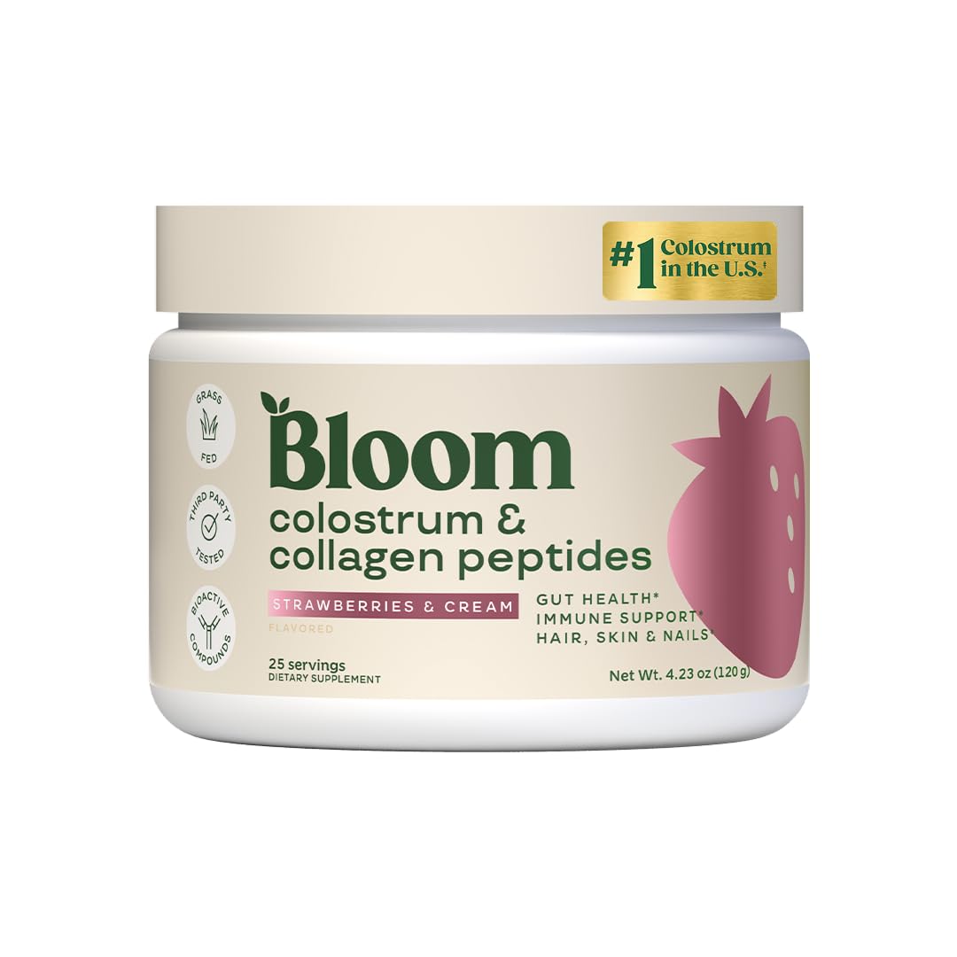Bloom Nutrition Bovine Colostrum Powder for Gut Health, Immune Support, Hair Growth & Beauty Supplement, Gluten Free, Sugar Free | Strawberries & Cream, 25 Servings