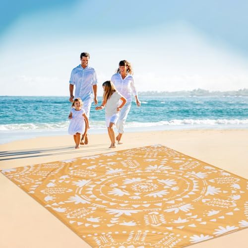 110''×118'' Extra Large Sandproof Beach Blanket 4-8 Adults, Waterproof Foldable Picnic Blankets with 4 Stakes & 4 Pockets, Lightweight Boho Outdoor Beach Mat for Travel, Camping, Hiking