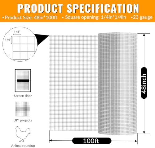 Hardware Cloth 1/4 inch 48 x 100 ft Galvanized Chicken Wire Fencing 23 Gauge Heavy Duty Hot Dip Galvanized Wire Fence Roll for Chicken Poultry Coop, Animal, Fencing,Garden Protection