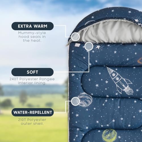 Wake In Cloud - Kids Sleeping Bag for Boys Toddlers, Camping in Warm Cold Weather, Backpacking Lightweight Compact Outdoor Liner for 3 Seasons Summer Spring Fall