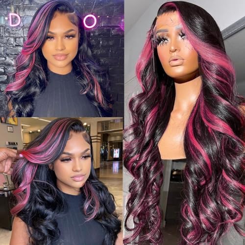 KeaBalo Ombre Lace Front Wig Human Hair Skunk Stripe Human Hair Wigs 13x4 Hd Lace Frontal Body Wave Highlight Pink Human Hair Wig Pink and Black Colored Wigs Human Hair 180% Density 22 Inch
