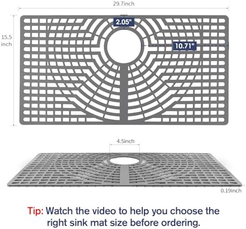 Silicone Sink Protector 30"x16" Rear Drain Hole, Heat Resistant Non-slip Dishwasher Suitable, Large Sink Mat for Bottom of Farmhouse Kitchen Stainless Steel Sink