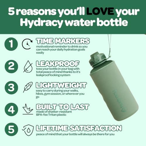Hydracy Water Bottle with Time Marker -Large BPA Free Water Bottle & No Sweat Sleeve -Leak Proof Gym Bottle with Fruit Infuser Strainer & Times to Drink -Ideal for Fitness Sports & Outdoors