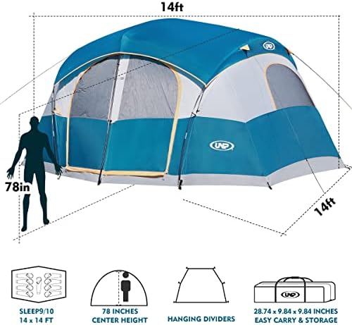 UNP Camping Tent 8/9 Person, Family Camping Tent, 5 Large Ventilation Mesh Windows, 14'x14'x78 inches Tall with Dividers Curtain for 2 Room