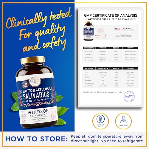 Lactobacillus Salivarius Probiotic Capsules - L Salivarius Probiotic Oral Dental Probiotics for Bad Breath, Teeth and Gums Health - Immune Support, Digestive Probiotic - 24bn CFU, 60 Caps