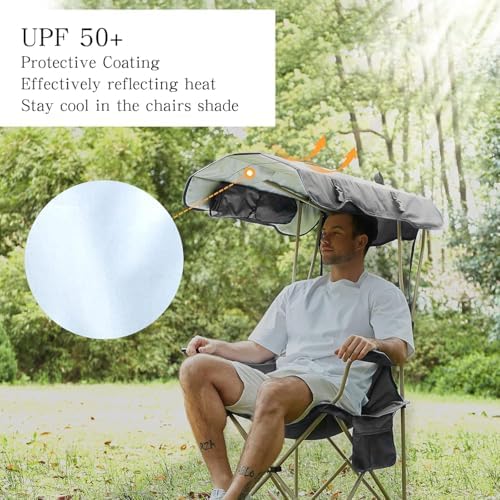 Camping Chair with Canopy Shade,Portable Folding Chair with UPF 50+ Sun Shade,Cup Holder,Side Pocket,Soccer Chair Adults for Camp,Beach,Outdoor Sports-Support 330 LBS Grey